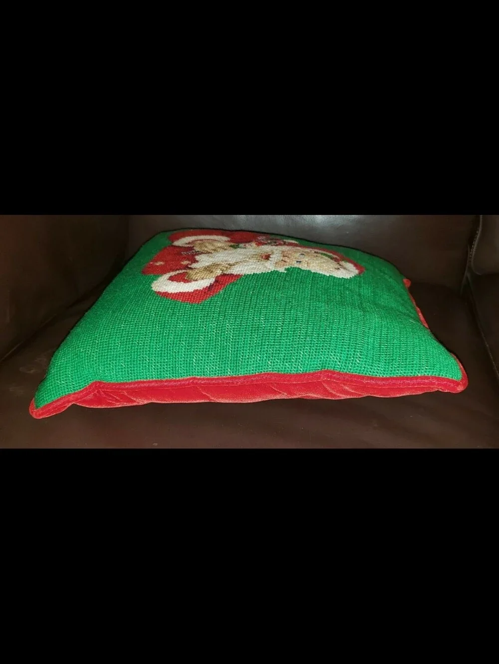 Vintage Mischievous Looking Santa With Jester/Clown Toy Needlepoint Pillow
